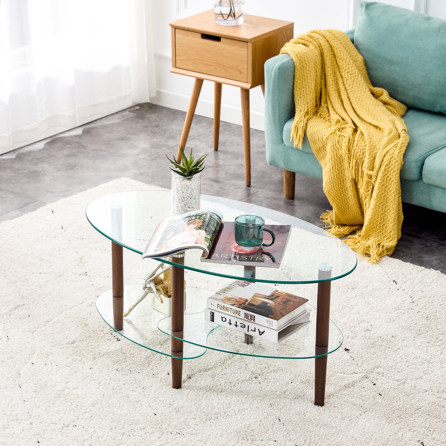 Elegant Transparent Oval Glass Coffee Table with Oak Wood Legs