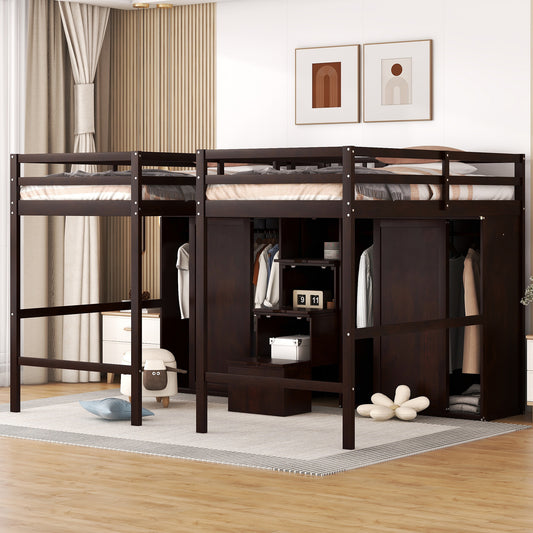 Double Twin Loft Beds with Wardrobes and Staircase, Espresso