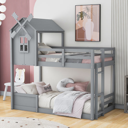 Gray Windmill Twin Bunk Bed with Roof and Window