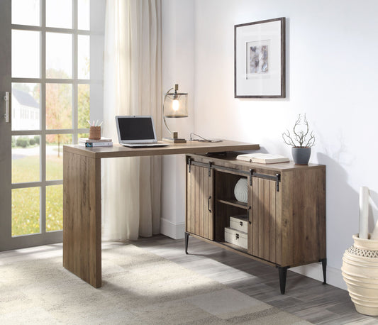 Rustic Oak Writing Desk with USB Port and Sliding Barn Door