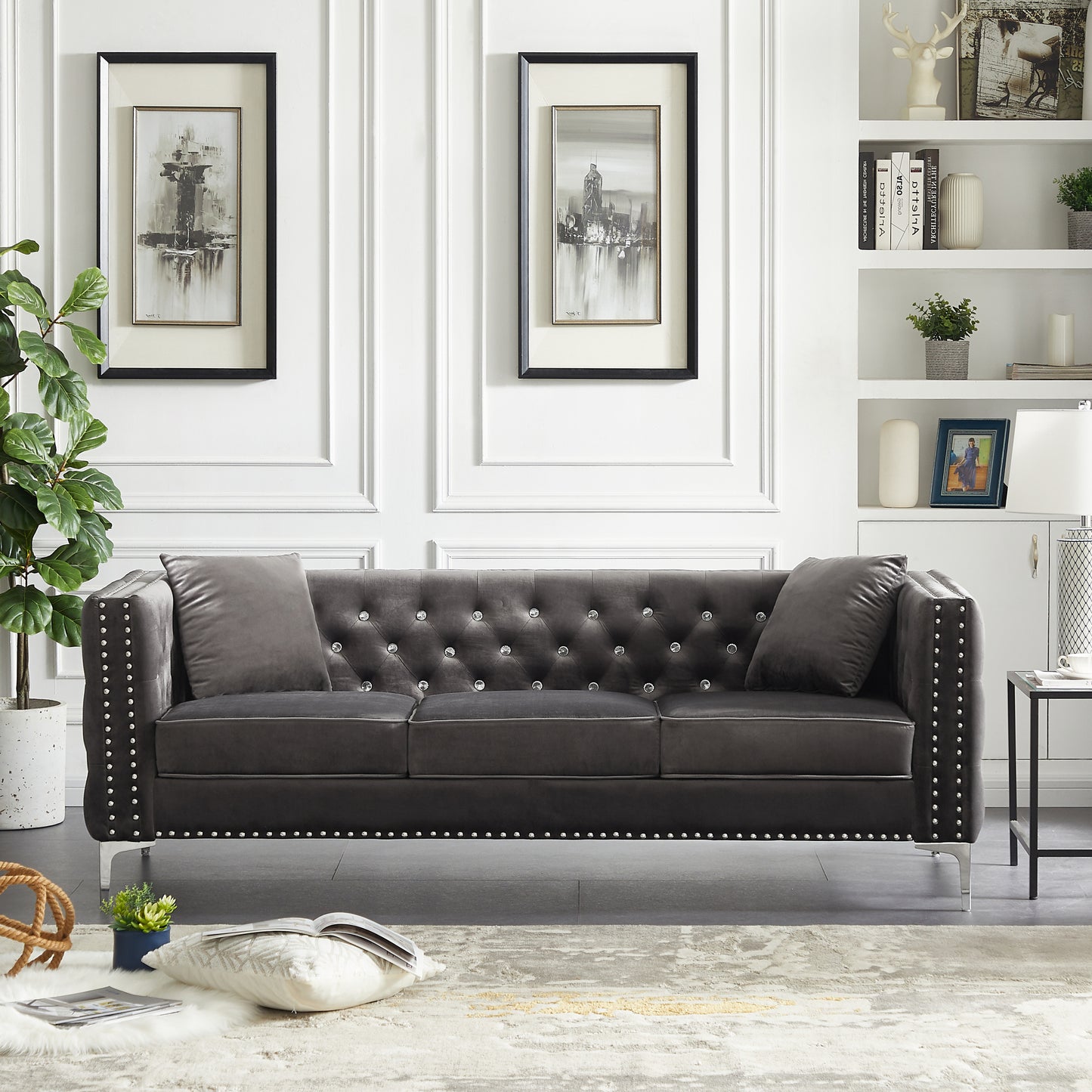 Modern Velvet Sofa with Jeweled Buttons and Tufted Square Arms, Grey, 2 Pillows Included