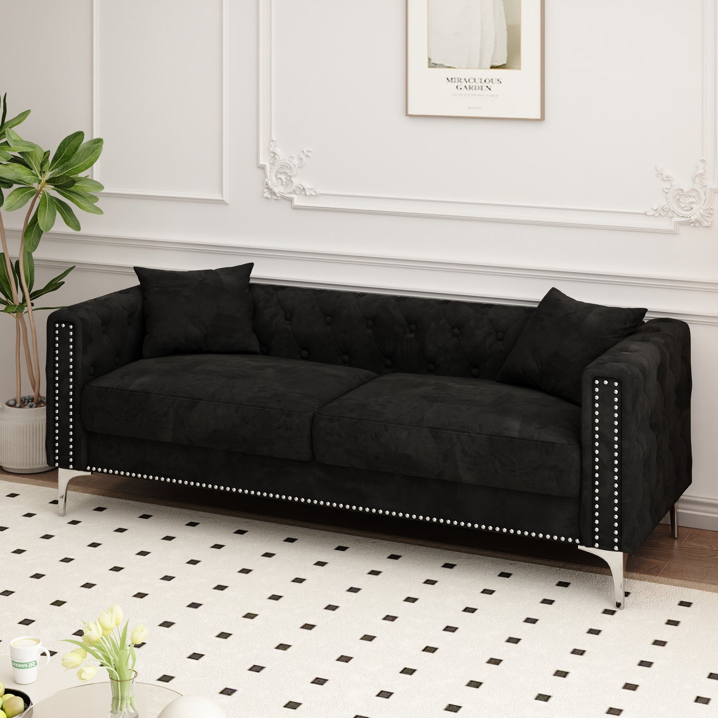 Sofa includes 2 pillows, 83 "black velvet triple sofa, suitable for large and small Spaces