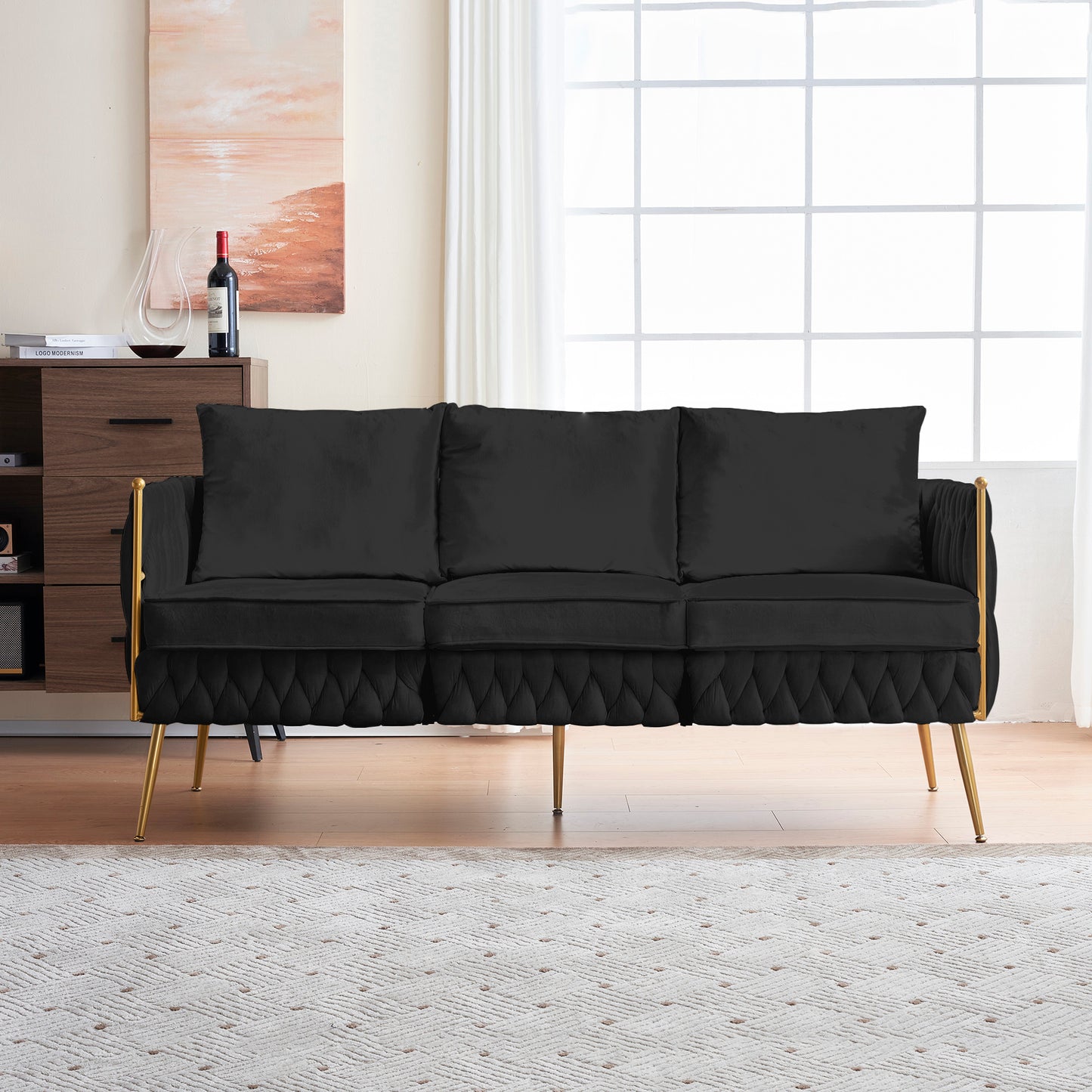 Velvet Couch Sofa for Three People , Upholstered Sofa with Stylish Woven Back, Small Comfy Couch with 3 Pillows, Modern 3-Seat Sofa with Gold Frame for Living Room , Black Velvet