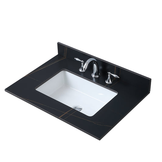 Montary 31inch  sintered stone  bathroom vanity top  black gold color with undermount ceramic sink and three faucet hole with backsplash