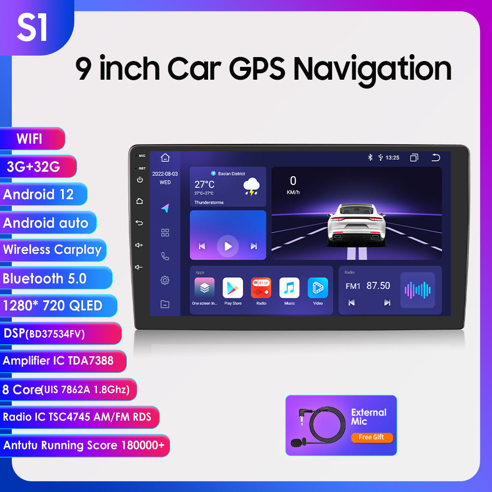 9 Touchscreen Android 12 Octa Core Car GPS Navigation Stereo with QLED Display