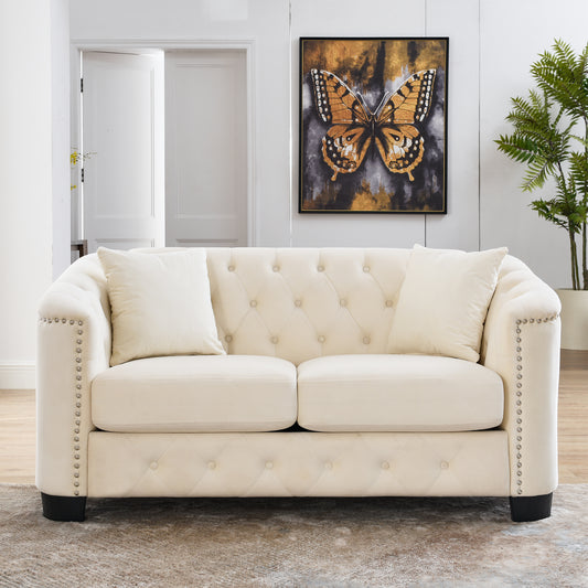 59-Inch Modern Chesterfield Velvet 2-Seater Sofa with Nailhead Arms and 2 Cushions