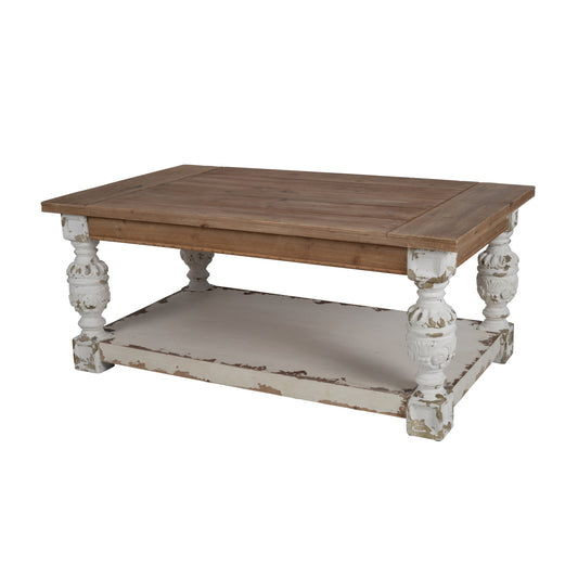 French Country Wooden Coffee Table with Ornate Legs and Storage Shelf