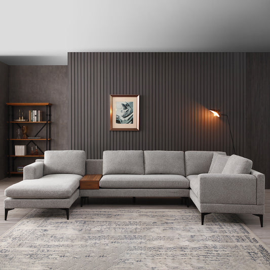 3-Piece U-Shape Upholstered Sectional Sofa Set with Reversible Chaise Lounge, Gray Texture