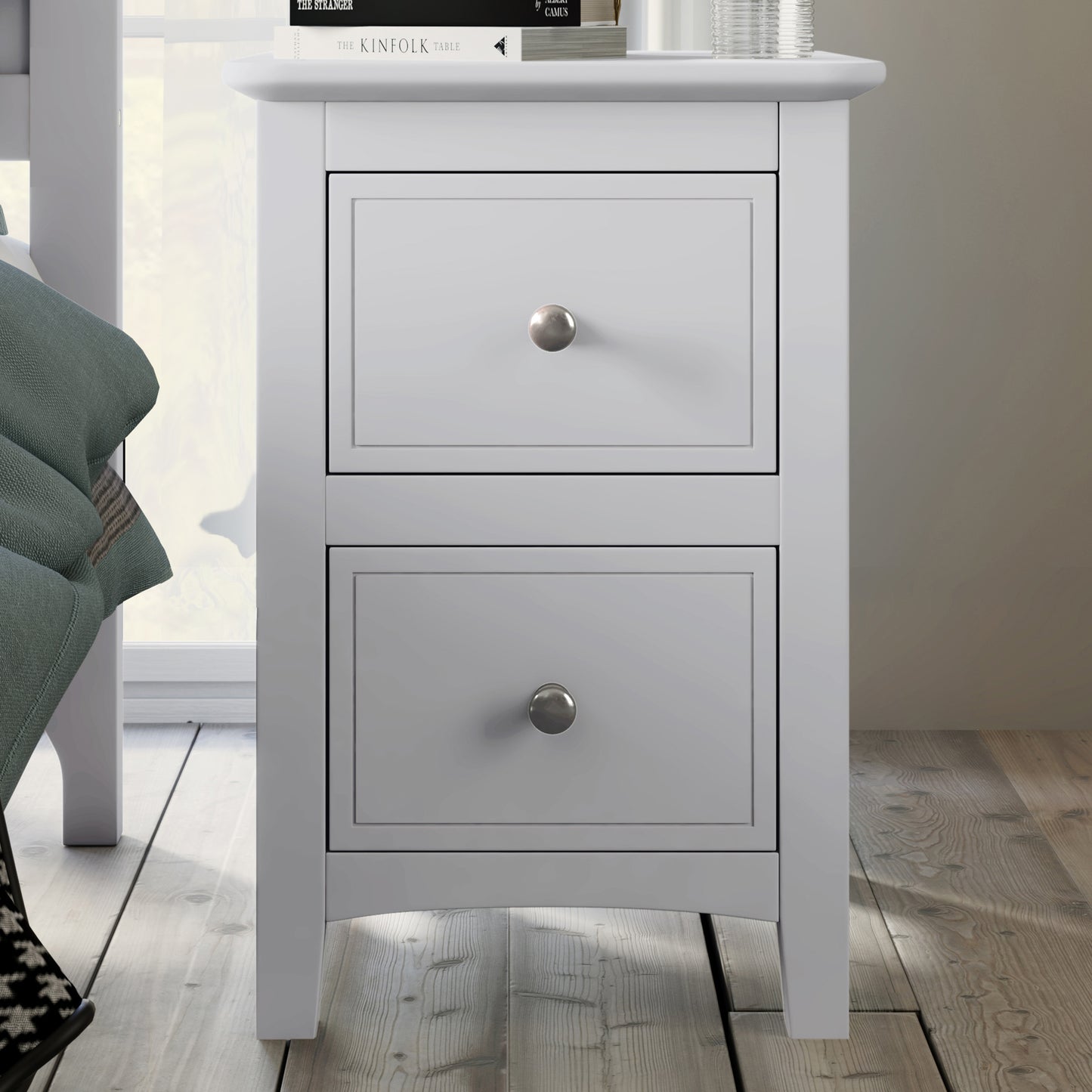 2 Drawers Solid Wood Nightstand End Table in White