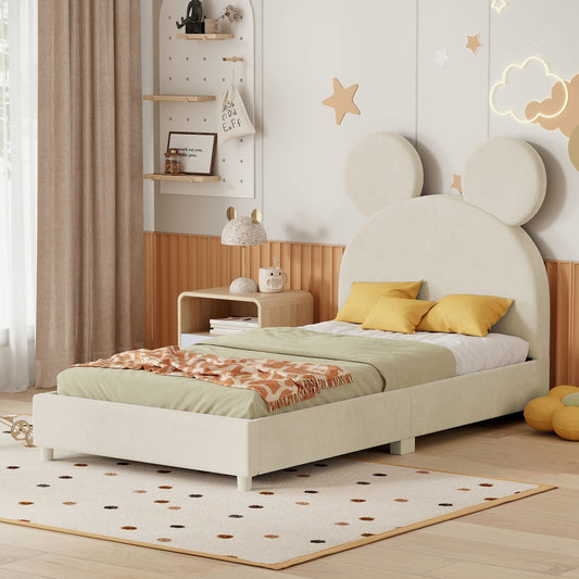 Twin Size Upholstered Platform Bed with Bear Ear Shaped Headboard, Beige