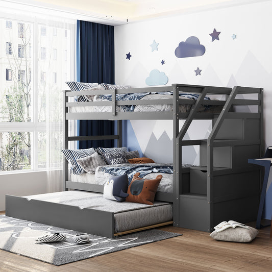 Versatile Gray Twin Bunk Bed with Trundle and Staircase