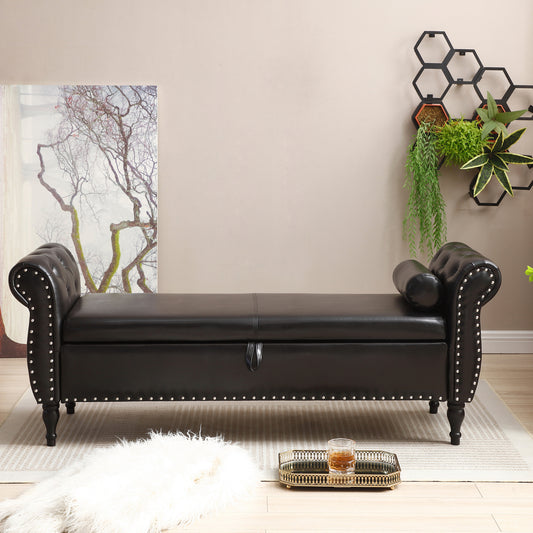 63 Brown Upholstered Flip Top Storage Bench Ottoman with Safety Hinge Storage and Button Tufted Design