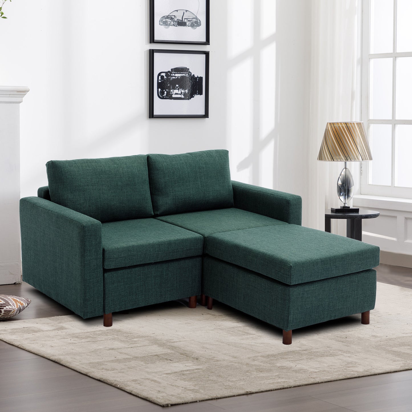 2-Seat Green Linen Sectional Sofa with Ottoman