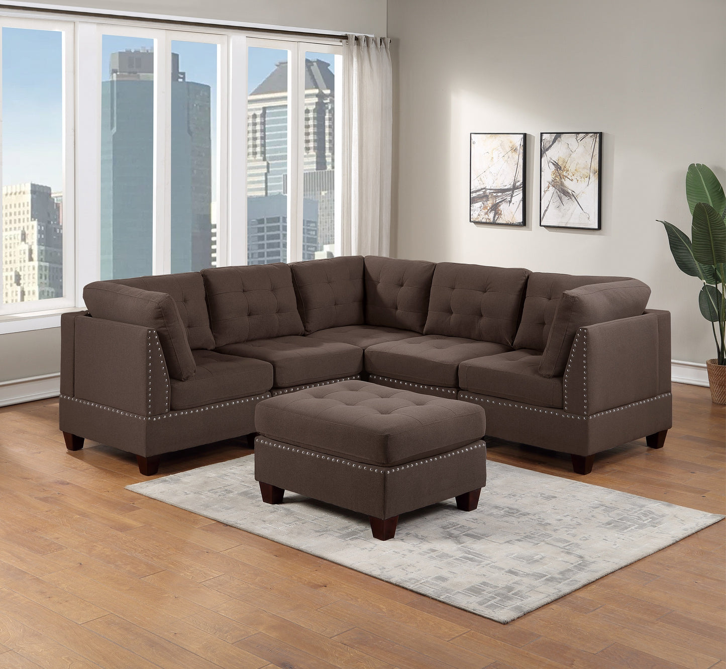 Luxurious Black Coffee Linen Modular Sectional 6-Piece Set with Tufted Nailhead Details