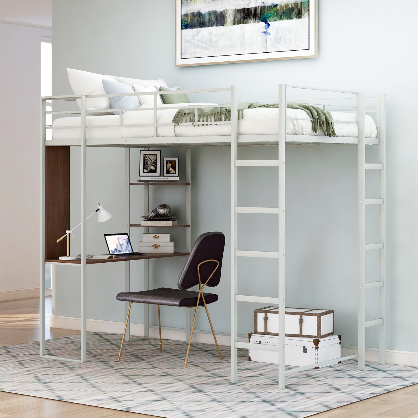 Twin Metal Loft Bed with 2 Shelves and one Desk ,Silver(: MF281206AAN)