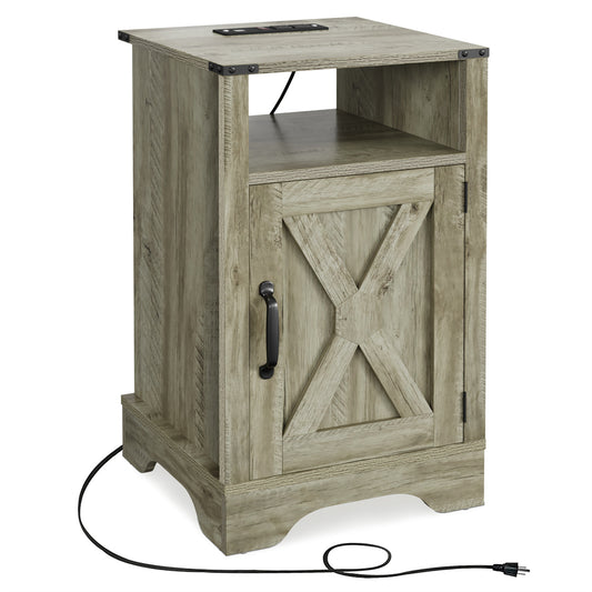 Wholesale Light Gray Door Wood Nightstands Cabinet Tall Bedside Table With Charging Station Bedroom Living Room