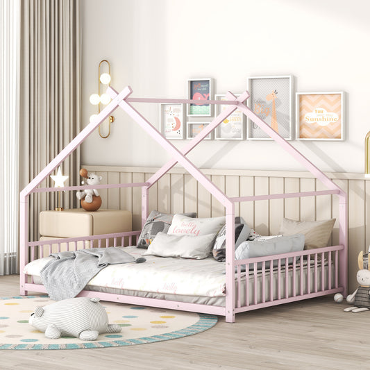 Full Size Metal House Bed, Pink