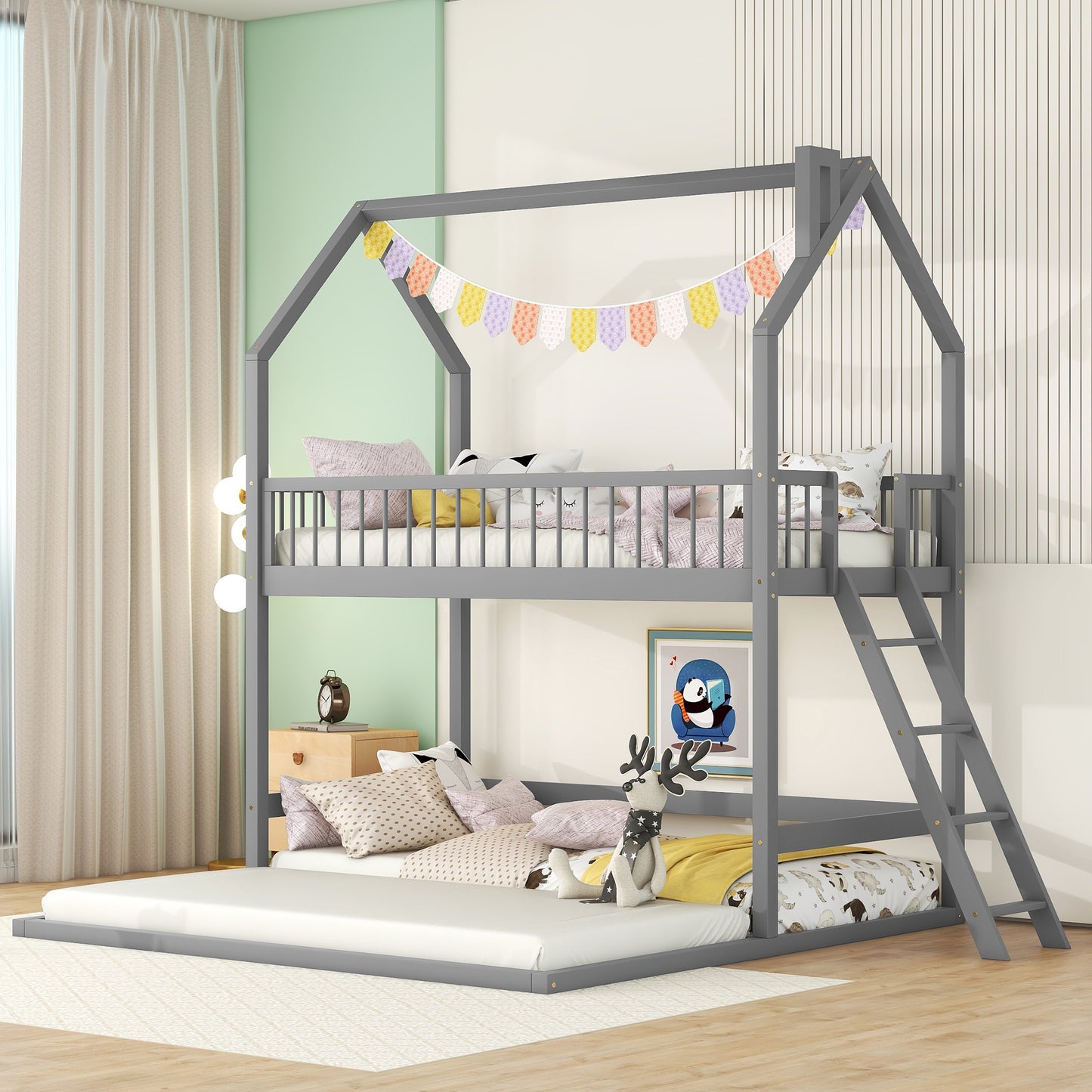 House-Shaped Twin Bunk Bed with Trundle, Ladder, and Artistic Design