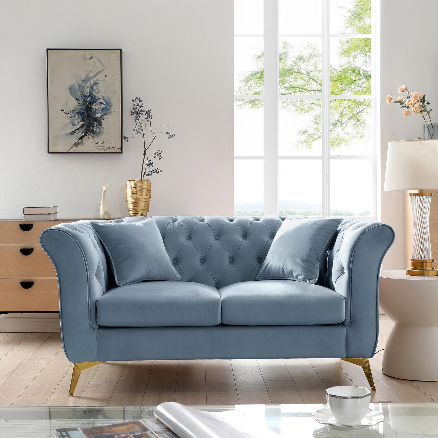 Chesterfield sofa ,Stanford sofa ,  high quality Chesterfield sofa ,Teal blue , tufted and wrinkled fabric  sofa;contemporary Stanford sofa .loverseater; tufted sofa with scroll  arm and scroll back