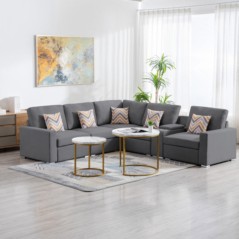 Nolan Gray Linen Fabric 6-Piece Transformable Sectional Sofa with USB, Charging Ports, Cupholders, Storage Console Table, Pillows, and Adjustable Legs