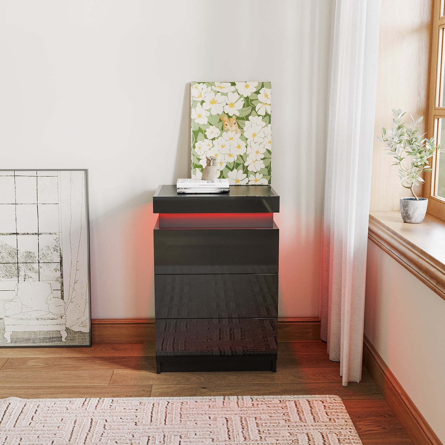 Contemporary LED Night Stand with 3 Drawers and High Gloss Finish