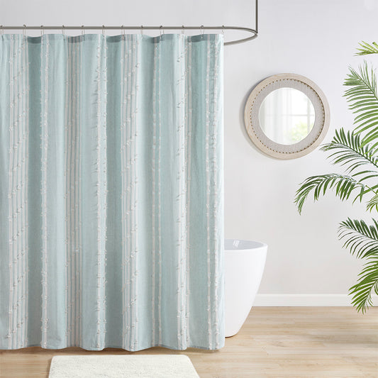 Stripe Jacquard Cotton Shower Curtain with Aqua Details