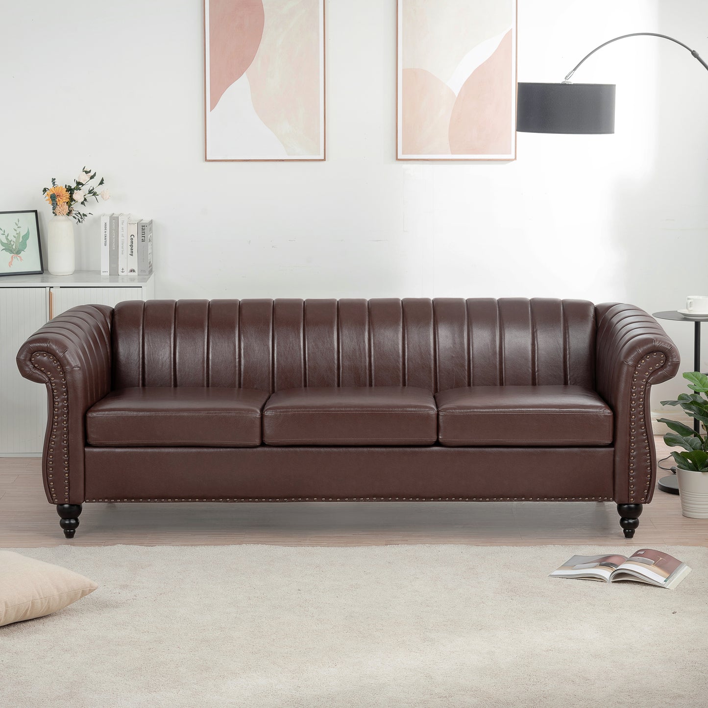 Luxurious Brown PU Rolled Arm Chesterfield Three Seater Sofa - 83.46''