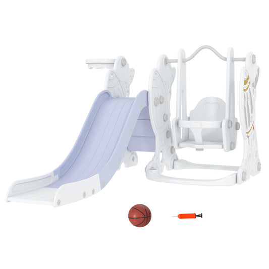 Qaba 3-in-1 Toddler Swing and Slide Set with Basketball Hoop, Space Theme, Gray