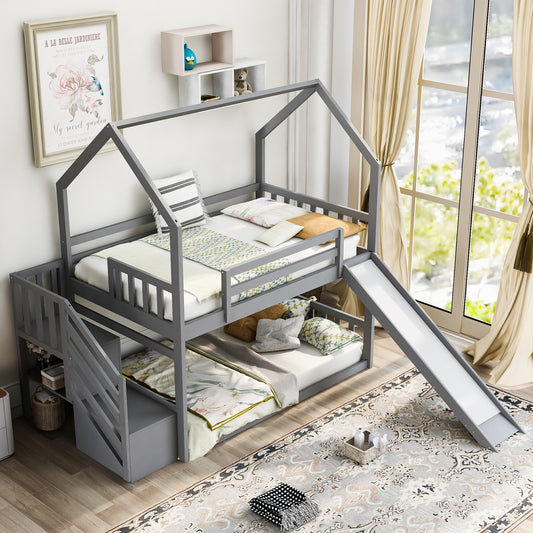 House Bunk Bed with Twin Over Twin Convertible Slide, Storage Staircase, and Gray Finish