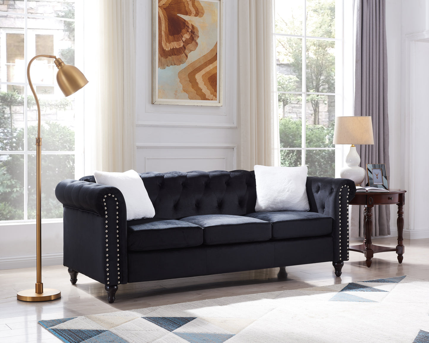 Black Velvet 3-Seater Sofa with Button Tufting and Copper Nail Detailing