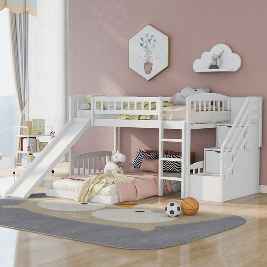 White Staircase Twin over Twin Bunk Bed with Slide, Drawers, and Space-Efficient Design