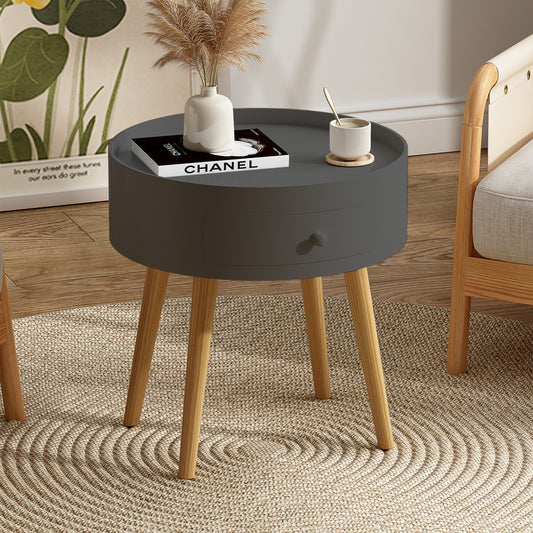 Gray Modern Coffee Table with Drawer and Oak Table Legs