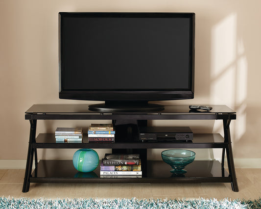 Sleek Modern TV Stand with Smart Cord Management - Black Finish, Smoked Glass Shelves, and Metal Legs