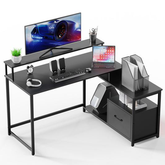 LED Gaming Desk with Charging Station, Storage Shelves, and L-Shaped Design