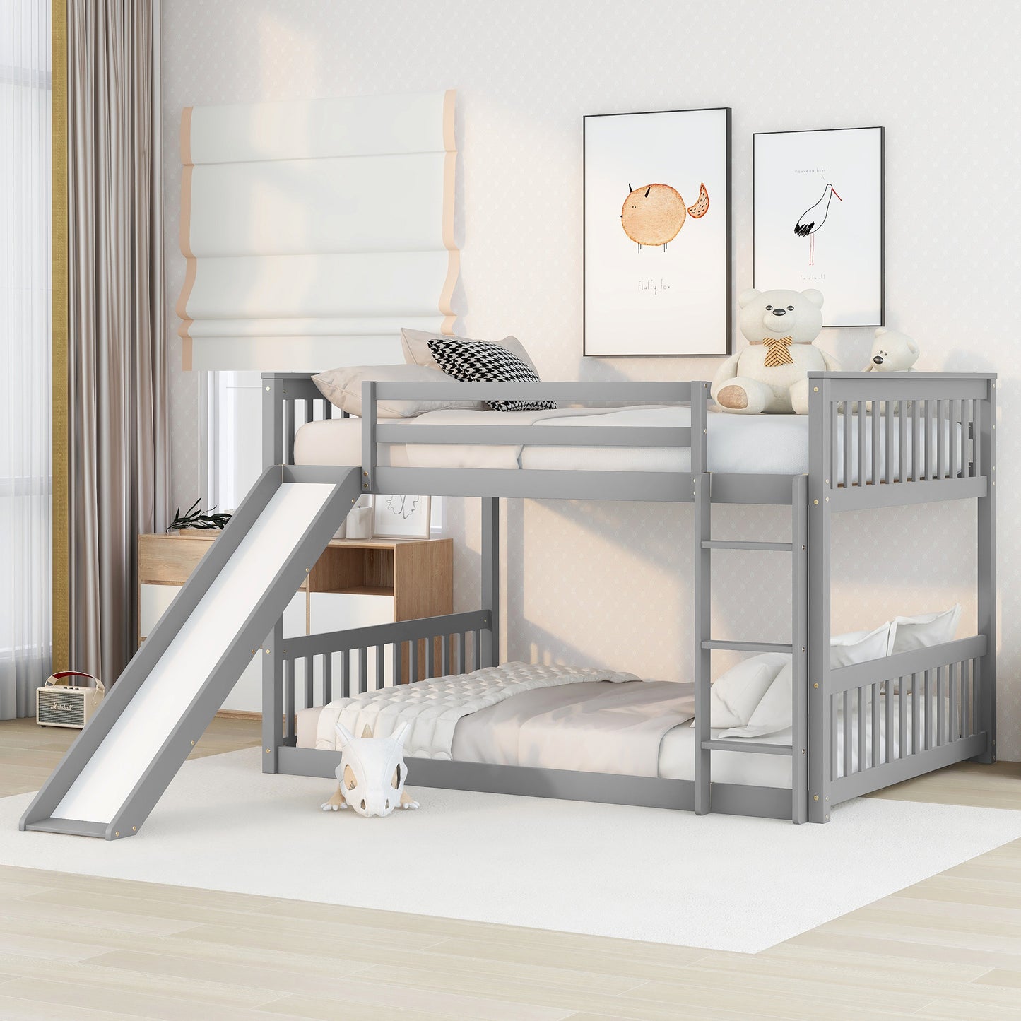 Grey Bunk Bed with Slide, Ladder, and Modern Design