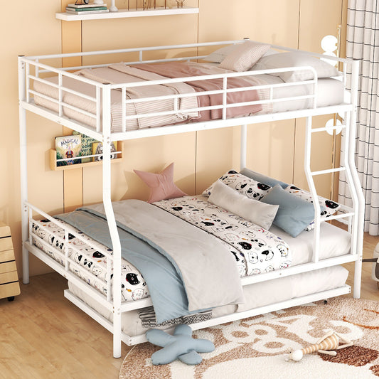 White Full XL Over Queen Metal Bunk Bed with Trundle