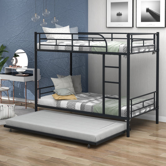 Metal Bunk Bed with Twin Trundle, Convertible Twin-Over-Twin, Black