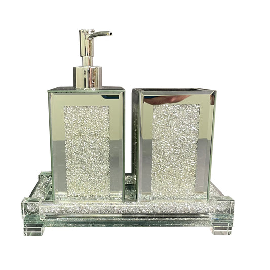 Exquisite Glass 3-Piece Bathroom Set with Square Soap Dispenser, Toothbrush Holder, and Tray