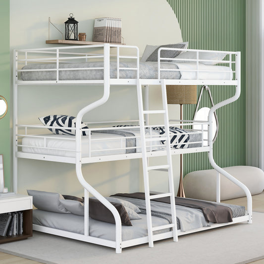 White Triple Bunk Bed Set with Full XL, Twin XL, and Queen Size Layers