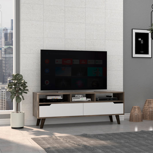 Oslo TV Stand with Two Drawers and Three Open Shelves, Dark Brown/White, TV Capacity up to 51