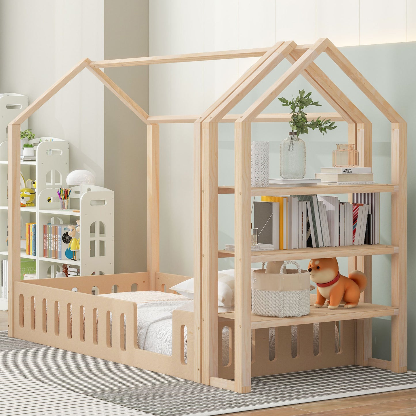 Twin Size Wood House Bed with Fence and Detachable Storage Shelves, Natural (Expected Arrival Time: 1.7)