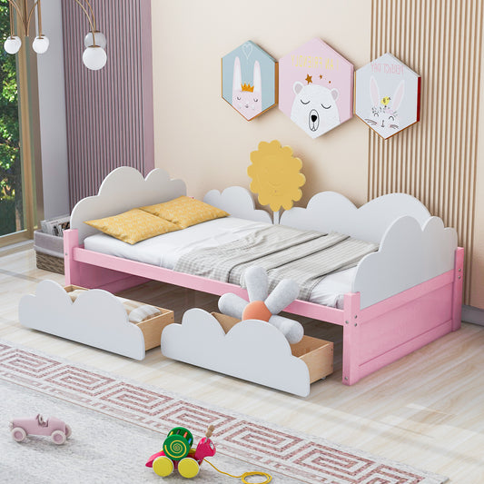 Twin Size Bed with Clouds and Sun Decor, Platform Bed with 2 Drawers (White+Pink)