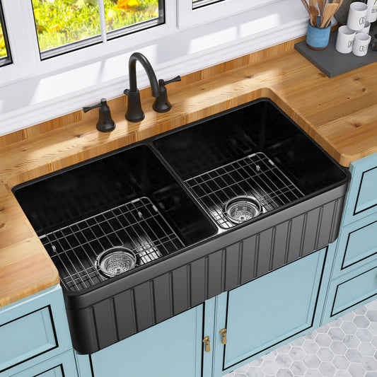 Black Double Bowl Fireclay Farmhouse Kitchen Sink