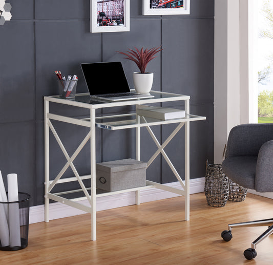 Compact White Glass-Top Desk with Iron Frame for Small Spaces