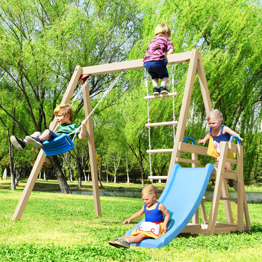 Wooden Swing Set with Slide and Climbing Rope Ladder for Toddler and Kids