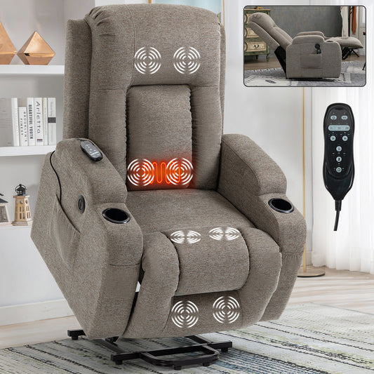 Electric Brown Recliner Chair with Lift, Massage, and Lumbar Heating