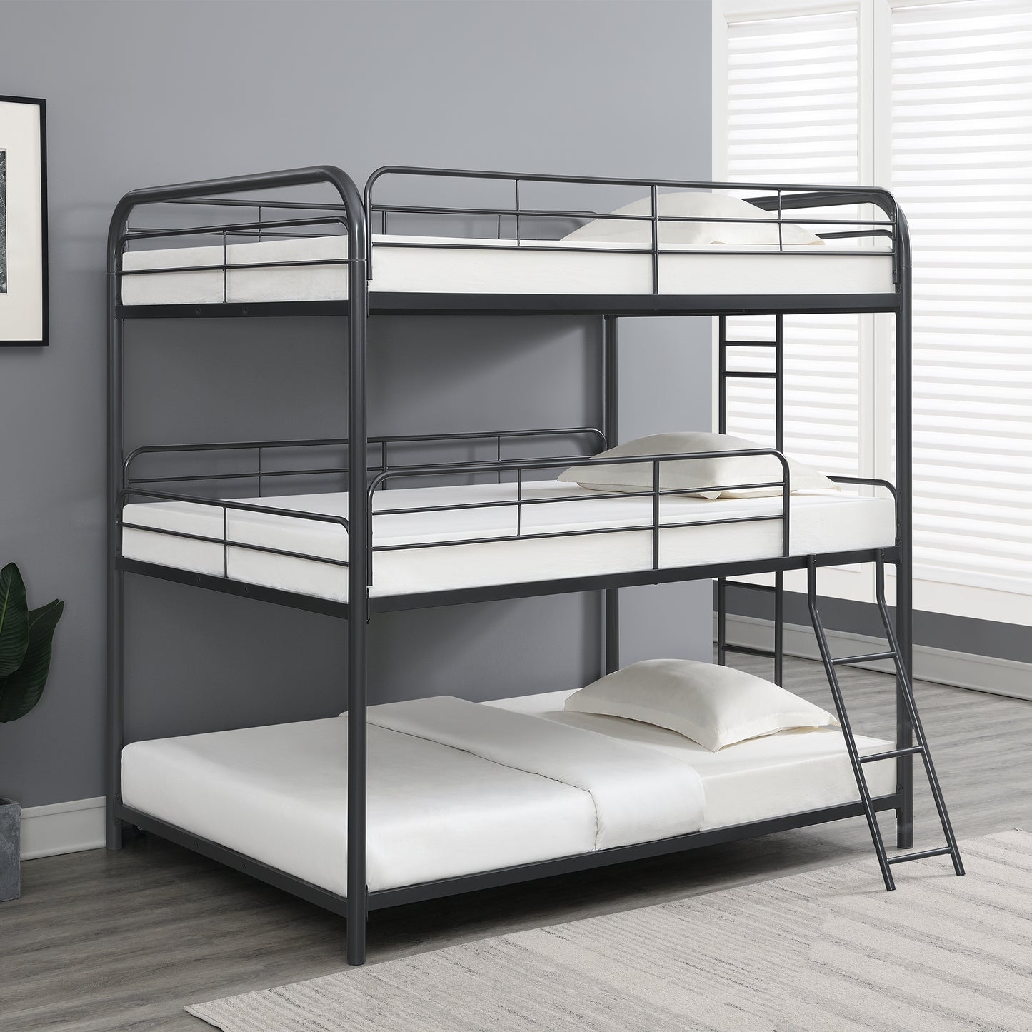 Trio Black Metal Triple Bunk Bed, FULL/FULL/FULL