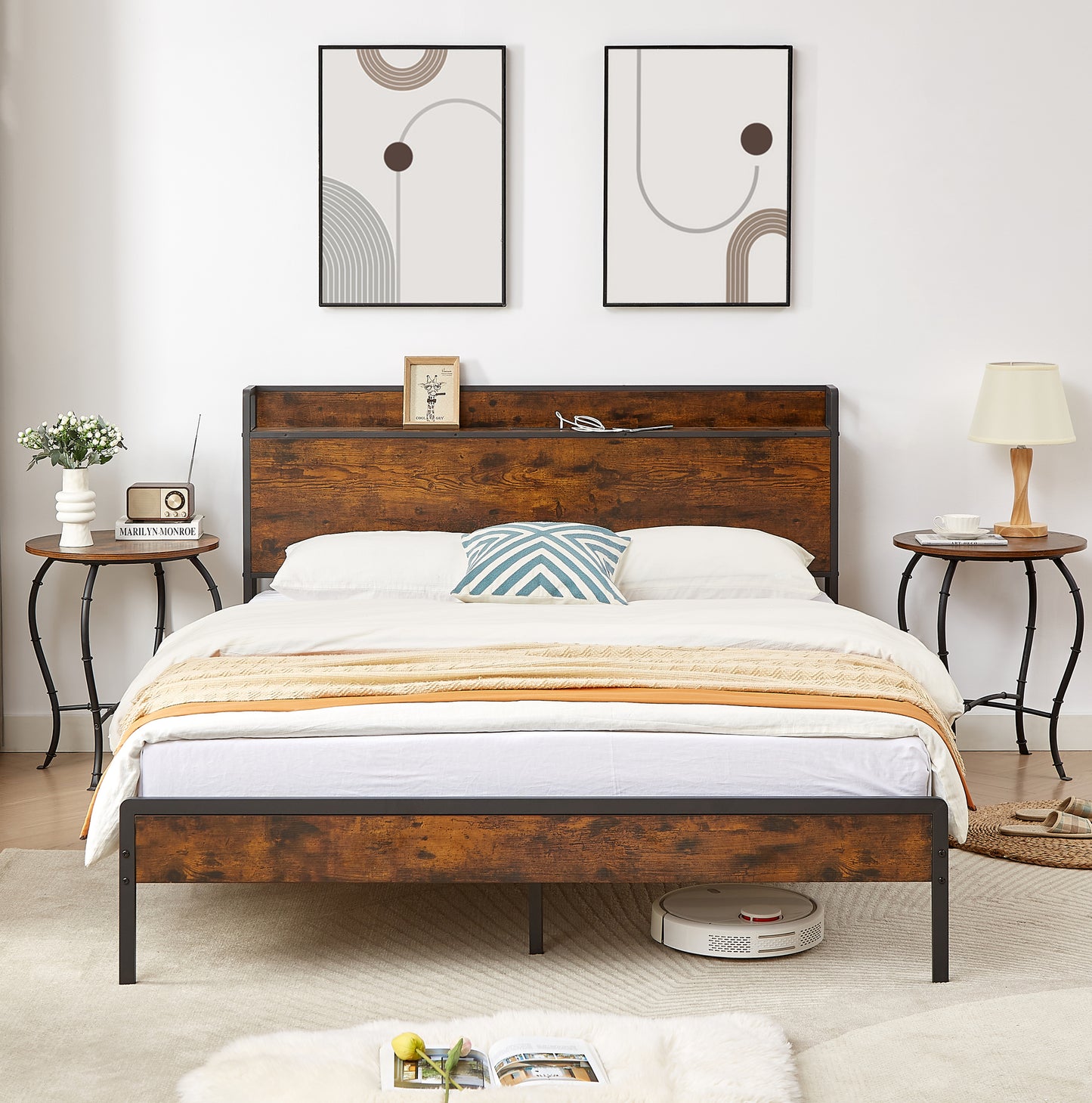 Bed frame with charging station queen size,87.80'' L x 61.80'' W x 39.2'' H