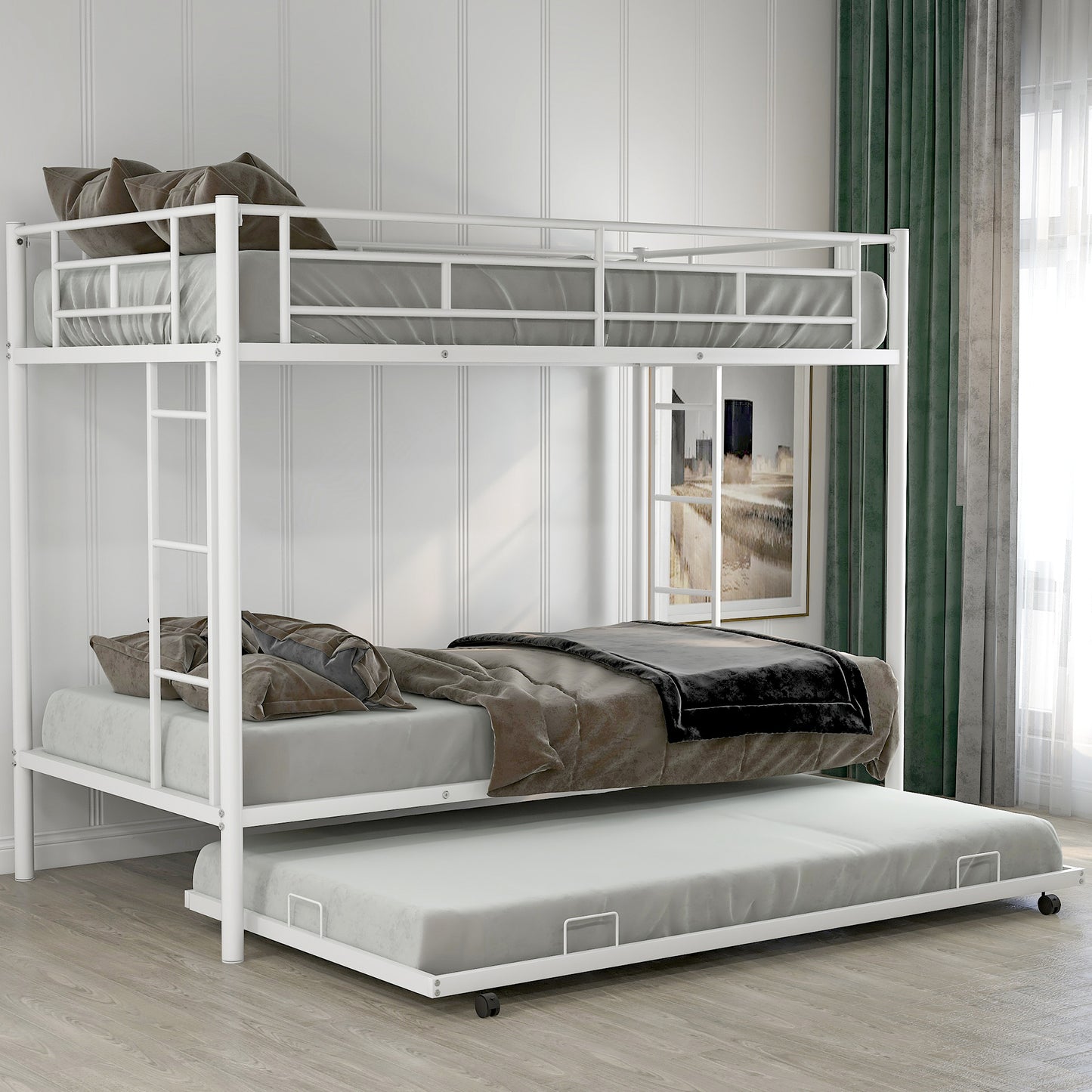 White Space-Saving Twin Bunk Bed with Trundle