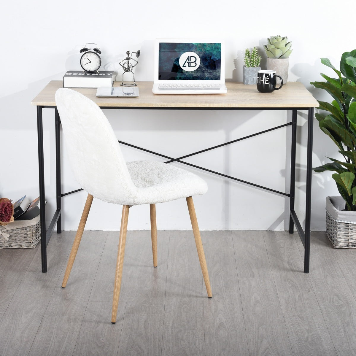 Contemporary Oak Writing Desk with Black Metal Frame and Rustic Industrial Style